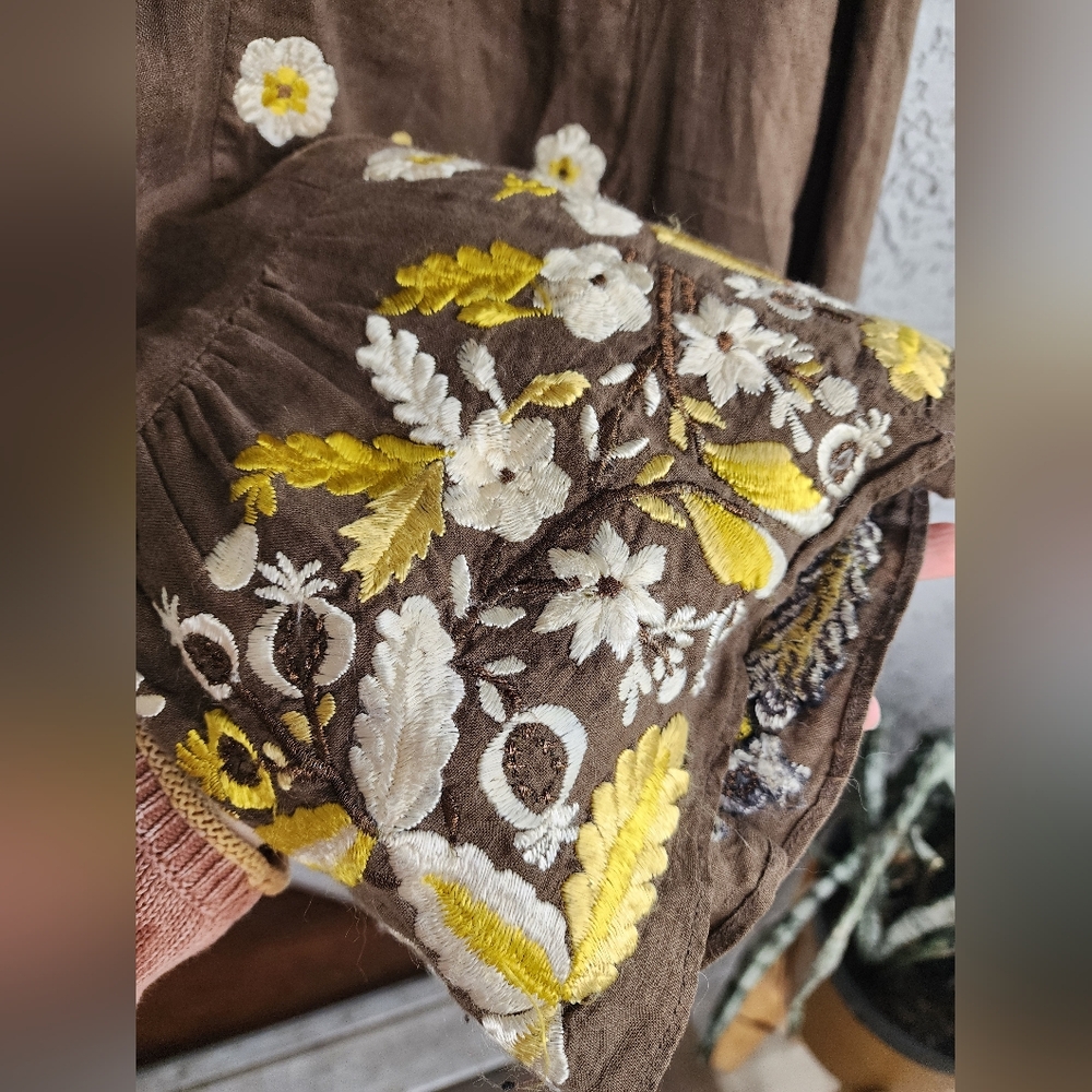 Anthropologie Lithe Linen Brown Floral Embroidered Dress - Picture 7 of 9